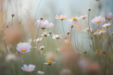 Beautiful meadow with daisies. Nature background. Soft focus.の素材