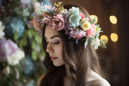 Portrait of a beautiful young woman with flowers in her hair.の素材