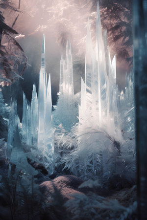 Fantasy landscape with frozen icicles in the forest. Toned.の素材