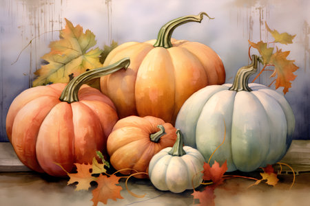 Watercolor pumpkins and autumn leaves on a grunge background.の素材