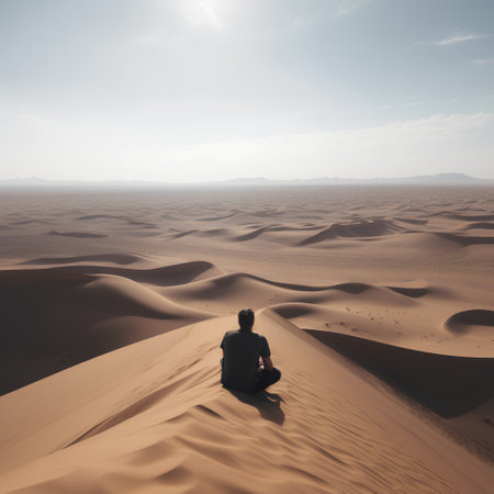 Man meditating in the desert with sand dunes in the backgroundの素材