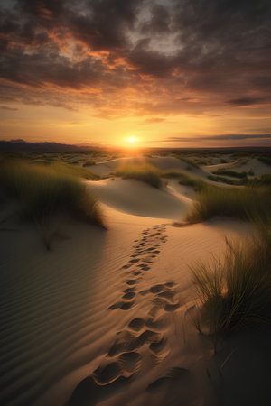 Sunset over dunes with footprints in sand. 3d renderの素材