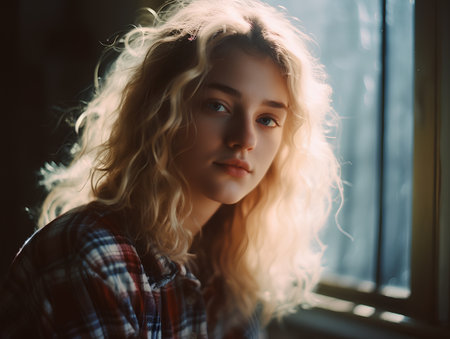 Portrait of a beautiful girl with long curly hair in a plaid shirtの素材