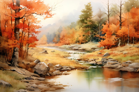 Autumn landscape with river and forest. Digital watercolor painting.の素材