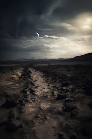Dramatic sky over the desert. Fantasy landscape. 3d renderの素材