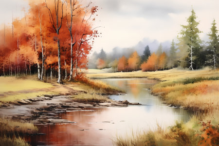 Autumn landscape with river and forest. Digital watercolor painting.の素材