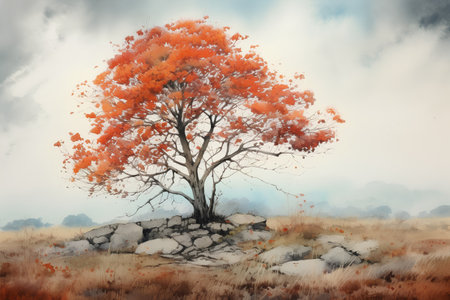 Autumn landscape with lonely tree. Digital watercolor painting on canvas.の素材