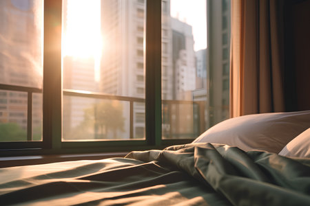 Comfortable bed with pillows and blanket in the morning light.の素材
