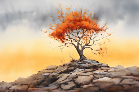 Autumn landscape with a lonely tree on a rock. Digital painting.の素材