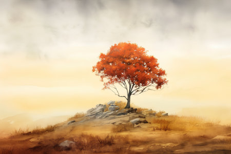 Autumn landscape with a lonely tree on a hill. Digital painting.の素材