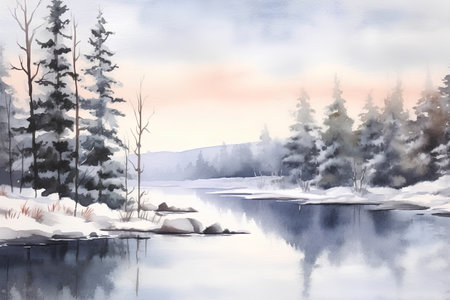 Winter landscape with lake and pine trees. Digital watercolor painting.の素材