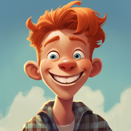 Cheerful boy with red hair and freckles on his faceの素材