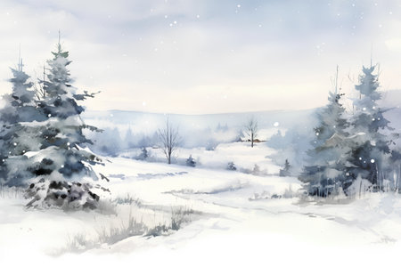 Winter landscape. Watercolor illustration. Digital painting. Christmas card.の素材