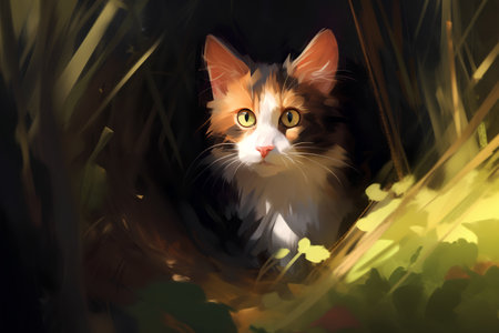 Portrait of a cat in a meadow at sunset. Vector illustrationの素材
