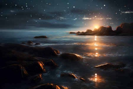 Fantasy seascape with rocks in water at night. 3D renderingの素材