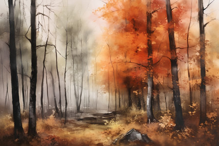 Autumn forest. Watercolor painting on canvas. Nature background.の素材