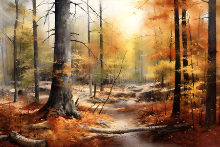 Beautiful autumn forest. Digital watercolor painting. Illustration.の素材