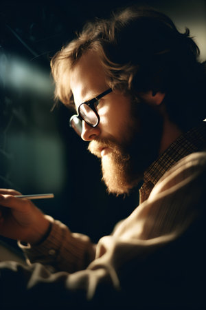 Handsome young man in glasses using digital tablet and drinking coffeeの素材