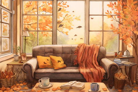 Illustration of a cozy autumn living room with a big window, a sofa and a cup of coffee.の素材