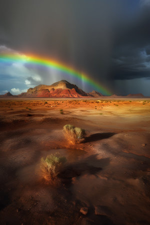 Rainbow over the desert with mountains in the background, 3d renderの素材