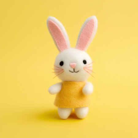 Handmade toy bunny on yellow background. Minimal easter concept.の素材