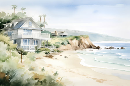 Digital watercolor painting of a beach house in San Diego, Californiaの素材