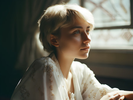 Portrait of a beautiful young woman with blond hair in the interiorの素材