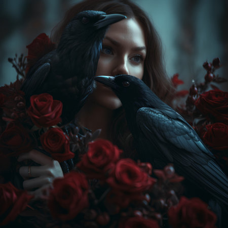 Beautiful young woman with black ravens and red roses in her handsの素材