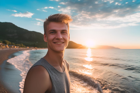 Portrait of a young man on the beach at sunset in summer.の素材