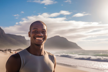 Portrait of a happy young black man on the beach at sunriseの素材