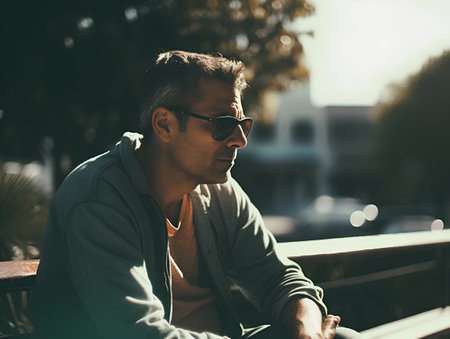 Portrait of handsome young man in sunglasses sitting on the street.の素材