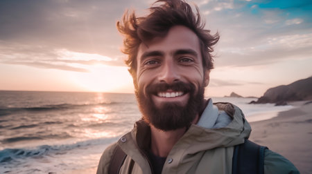 Handsome young man with a beard smiling at the beach at sunsetの素材