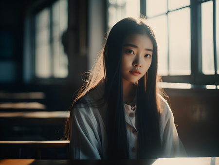 Portrait of a beautiful young asian woman sitting in coffee shopの素材