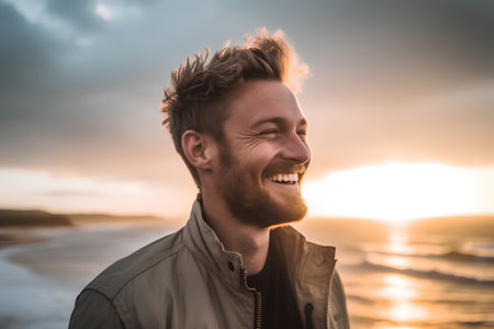 Portrait of a handsome young man laughing on the beach at sunsetの素材