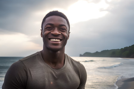 Portrait of a happy young african man smiling at the beachの素材