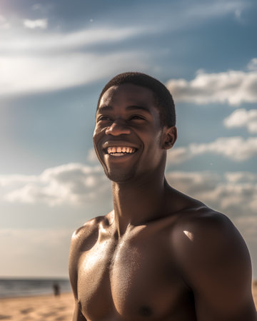 Portrait of a smiling young african american man on the beachの素材