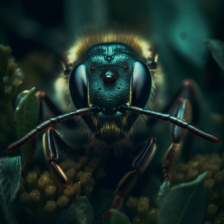 Macro shot of a bee on a flower with a blurred backgroundの素材