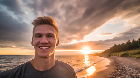 Portrait of handsome young man on the beach at sunset in summerの素材