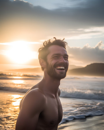 Portrait of a happy young man smiling on the beach at sunsetの素材