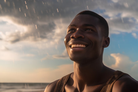 Young african american man under the rain on the beach.の素材