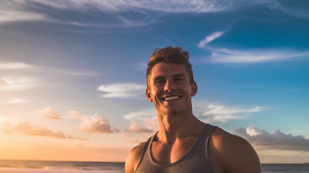 Portrait of a handsome young man smiling at the beach during sunsetの素材