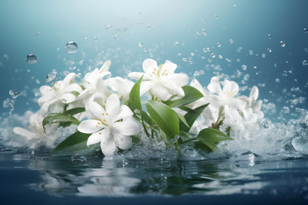 White lilies in water splashes on a blue background with dropsの素材