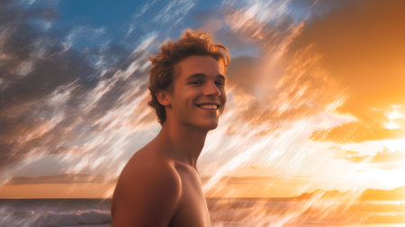 Portrait of a young man on the beach at sunset. Collage.の素材