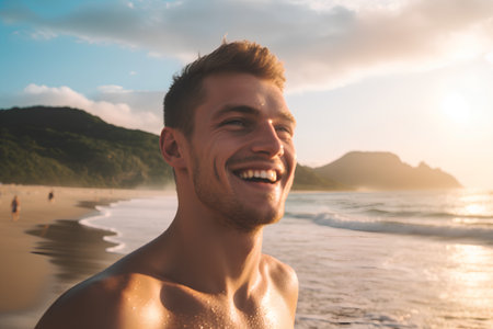 Portrait of a smiling young man on the beach at sunset.の素材