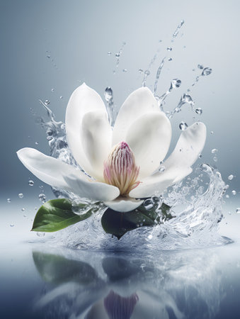 Water splash with beautiful white magnolia flower on a blue background.の素材