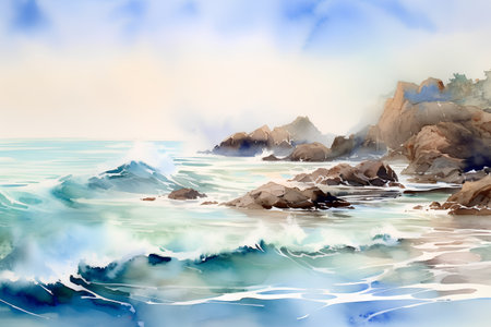 Watercolor seascape with rocks and sea waves. Digital painting.の素材