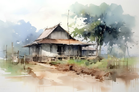Watercolor painting of old wooden house in the countryside, Thailand.の素材