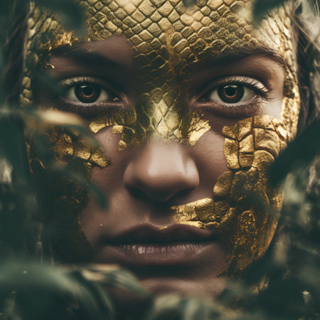 Portrait of a beautiful woman with golden mask on her face.の素材