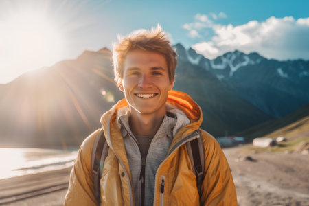 Portrait of a smiling young man on the background of the mountainsの素材