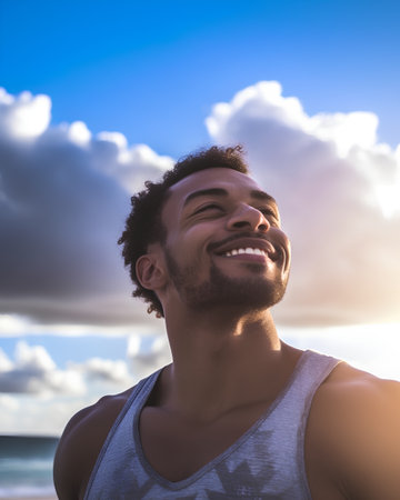Portrait of a happy african american man smiling at the beachの素材